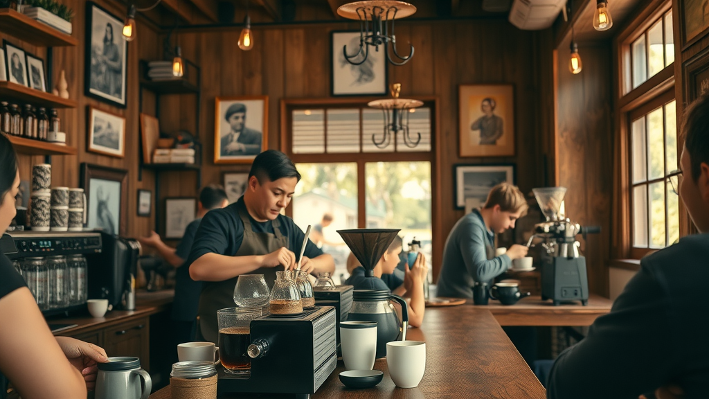 Sisters Coffee Company - cozy coffee shop interior, baristas preparing artisanal coffee, inviting rustic wood decor