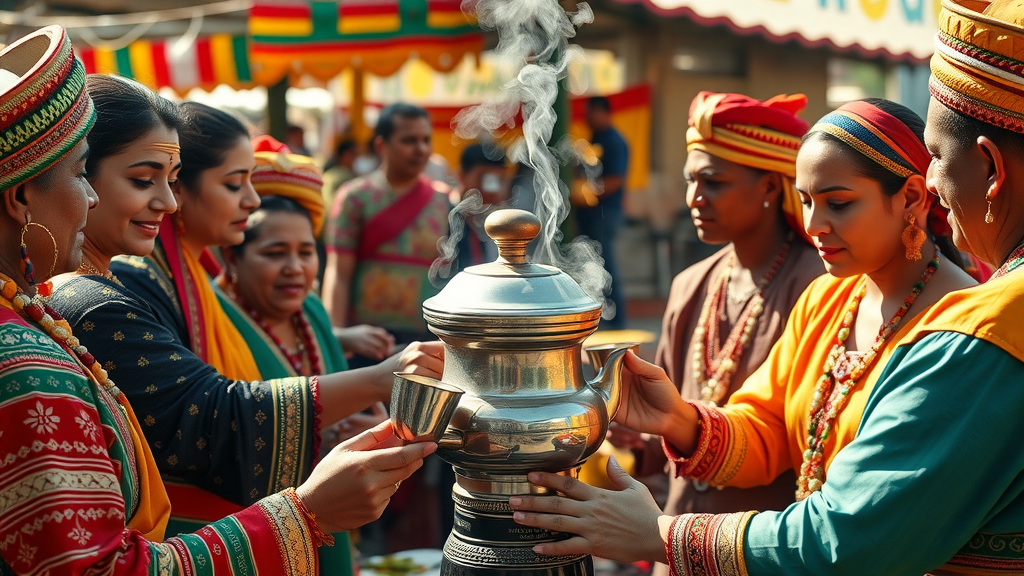 Colorful multicultural coffee ceremony, group gathered in traditional attire, sharing a large coffee pot, High Fantasy, background with festival banners and open-air market, highly detailed, steam rising from ornate pot, festive mood, bold primary colors, dappled sunlight, shot with a 35mm lens.