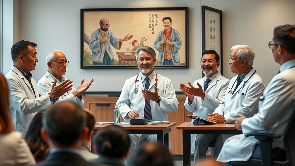 Panel discussion between eastern and western doctors discussing diagnosis and treatment in hormone health, symbolizing east meets west.