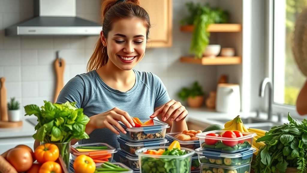 gym workout - woman organizing healthy meal prep in Winnipeg kitchen for fitness classes