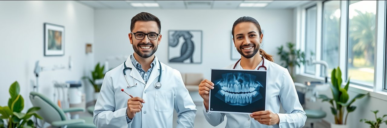 Dentist Friendswood professionals in modern clinic with dental tools smiling.