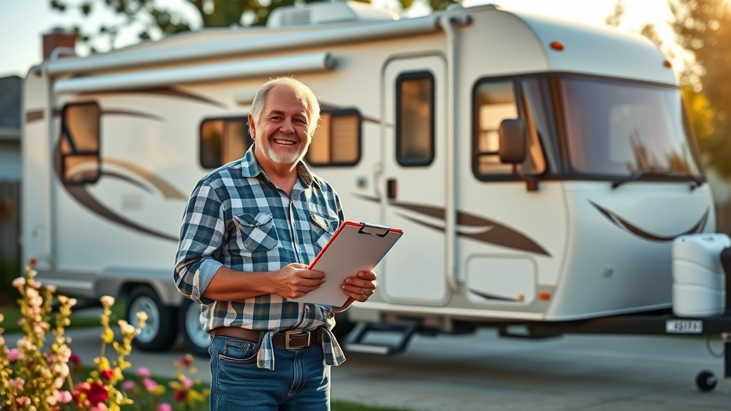 Content RV owner next to travel trailer experiencing rv wheeler fair pricing benefits