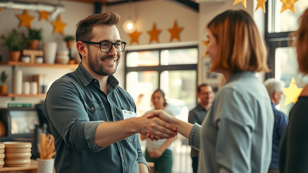 business owner receiving positive review for small business seo strategies