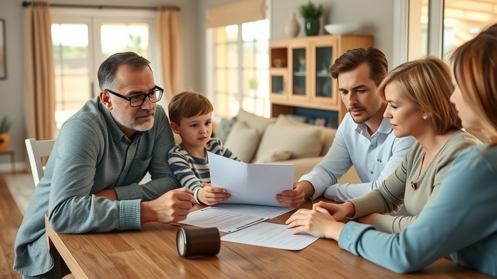 Estate planning notary Arizona family reviewing estate plan documents with notary in Arizona home, desert landscaping