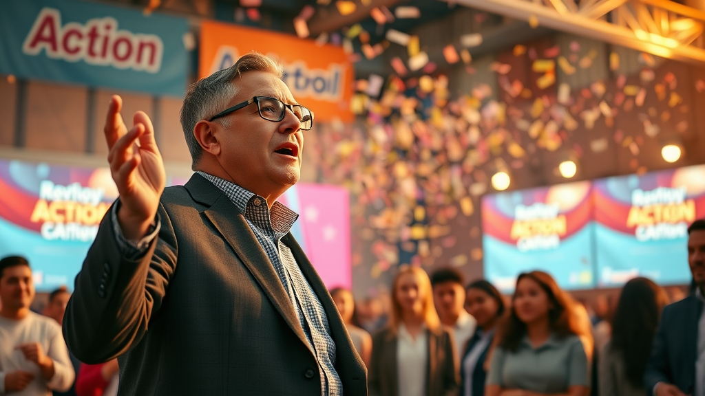 Motivational nonprofit outreach scene with an inspiring leader calling a diverse team to action, banners and digital screens in a vibrant community setting.