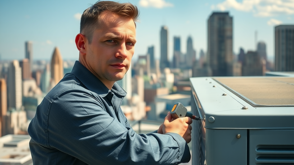 Rooftop AC installation repair with technician and city skyline background
