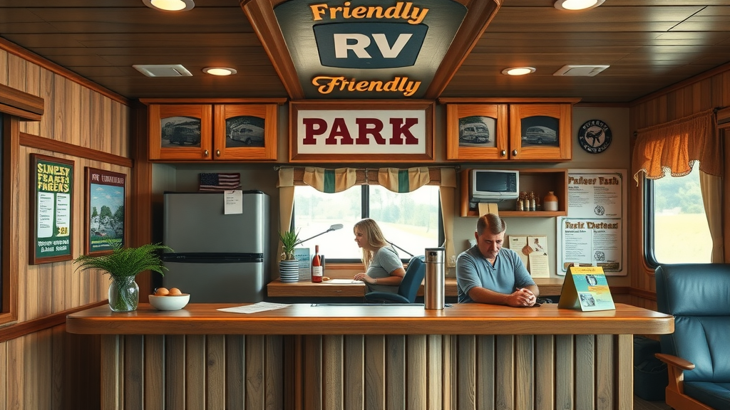 RV park front desk with RV Wheeler posters supporting maximizing RV sale value initiatives