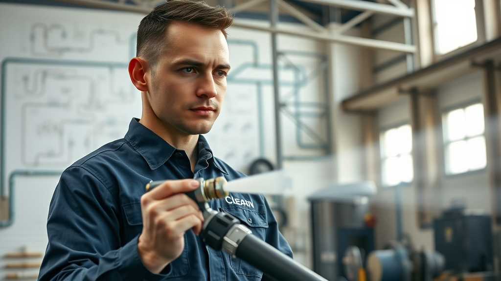 Technician preparing for commercial hydro jetting in industrial drain cleaning setting