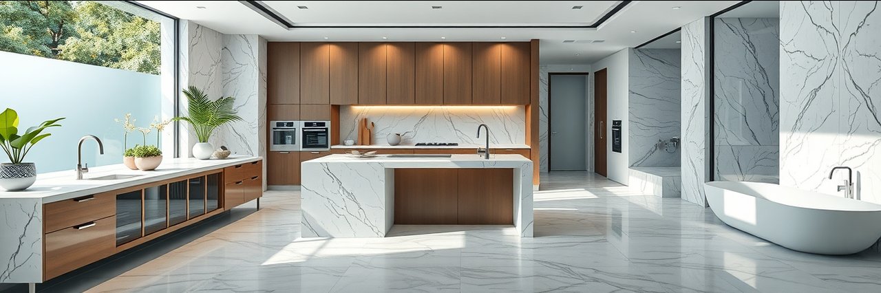 Modern kitchens floors &amp; baths in a luxury home with marble and tile surfaces