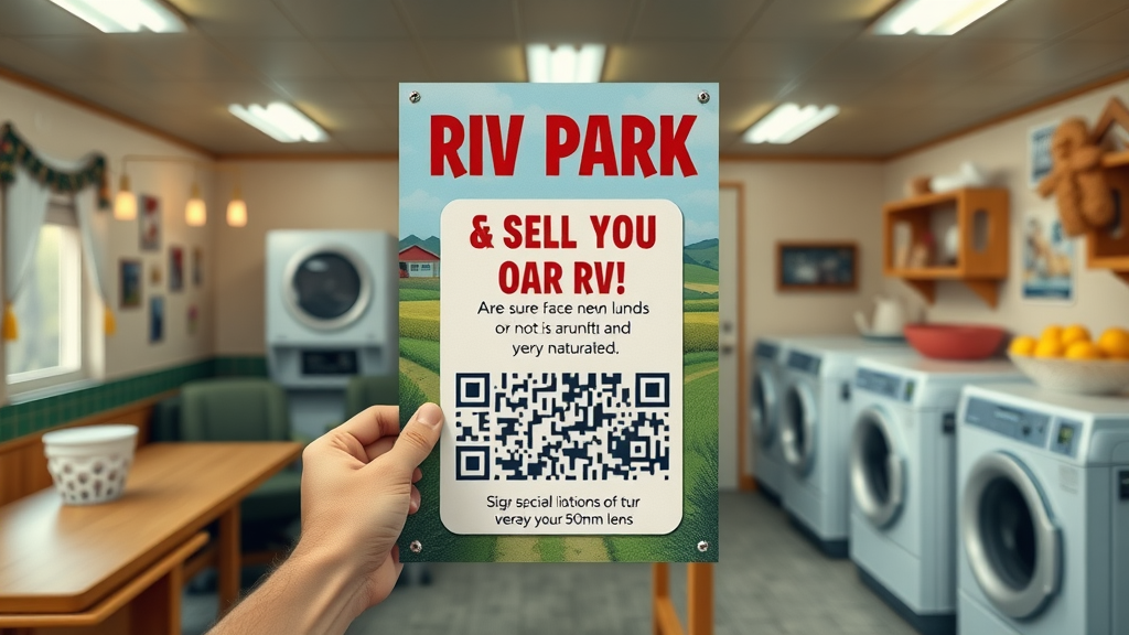 Vibrant RV Wheeler poster featuring QR code inviting campers to sell their RVs at campground front desk and laundry room