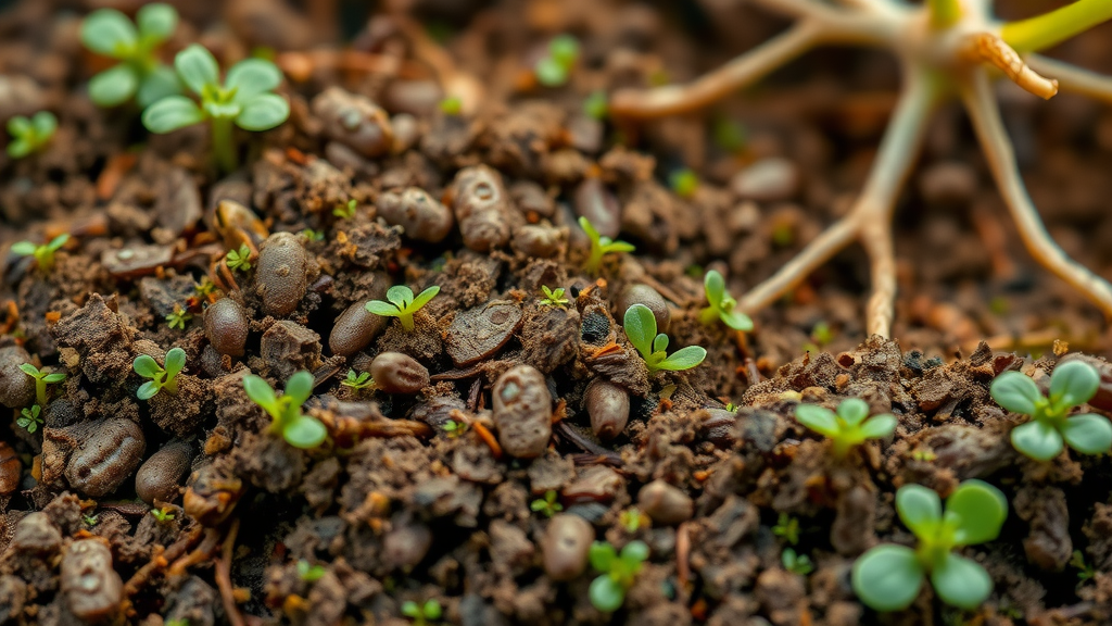 lush microscopic soil close-up, teeming with microbes and roots, regenerative farming, showing healthy soil life forms