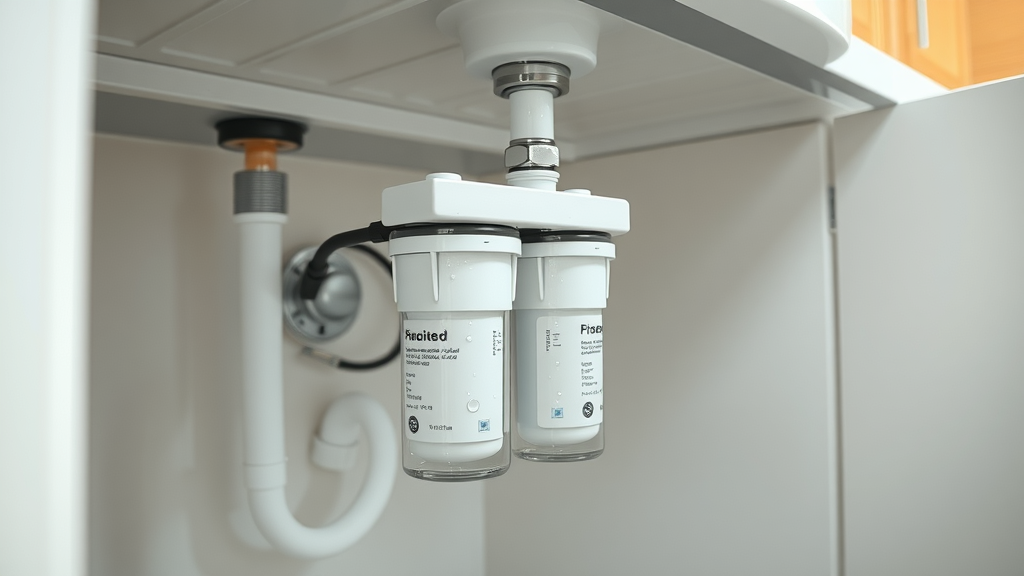 Close-up detailed under-sink water filtration system installation