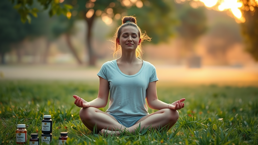 young woman meditating in park with herbal supplement bottles for hormone balance