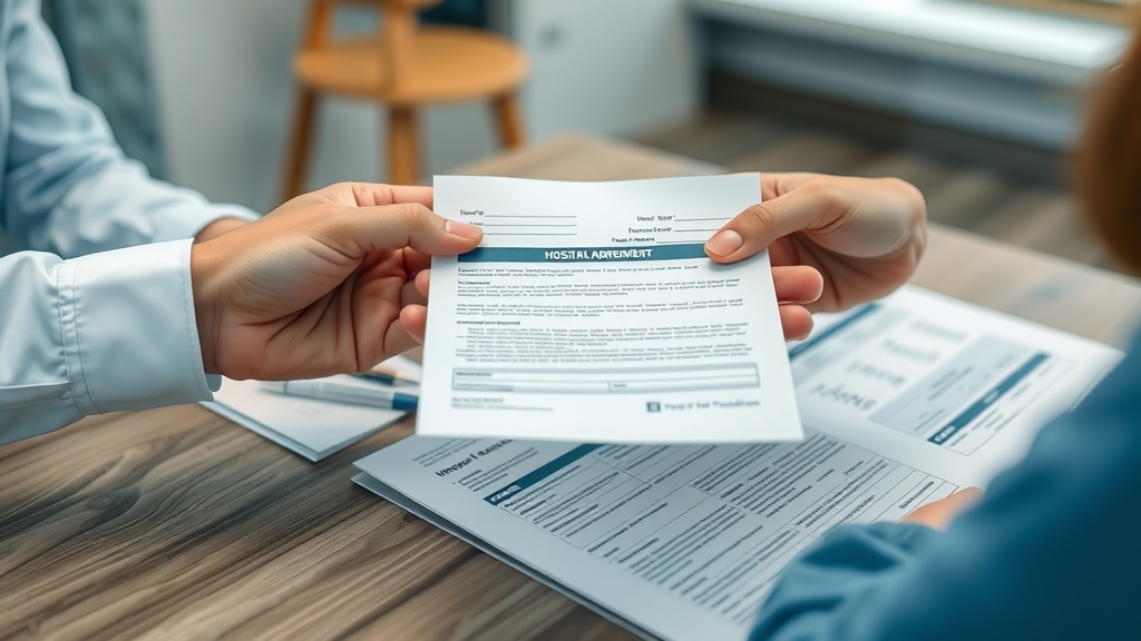 Closeup of hands exchanging hospital bed rental paperwork, trustworthy hospital bed rental provider interaction at modern healthcare office