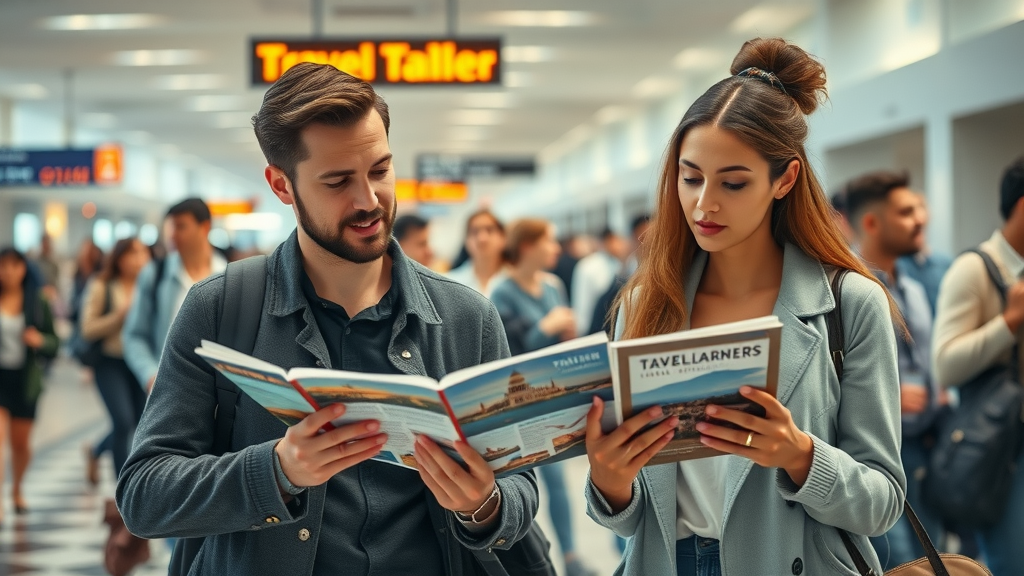 modern traveler demographics, analyzing tourism industry trends in united states, airport terminal, diverse travelers, natural lighting, dynamic motion, highly detailed