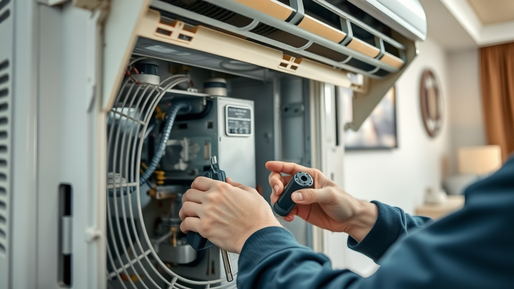 Close-up of expert air conditioner repair work on a home AC unit.