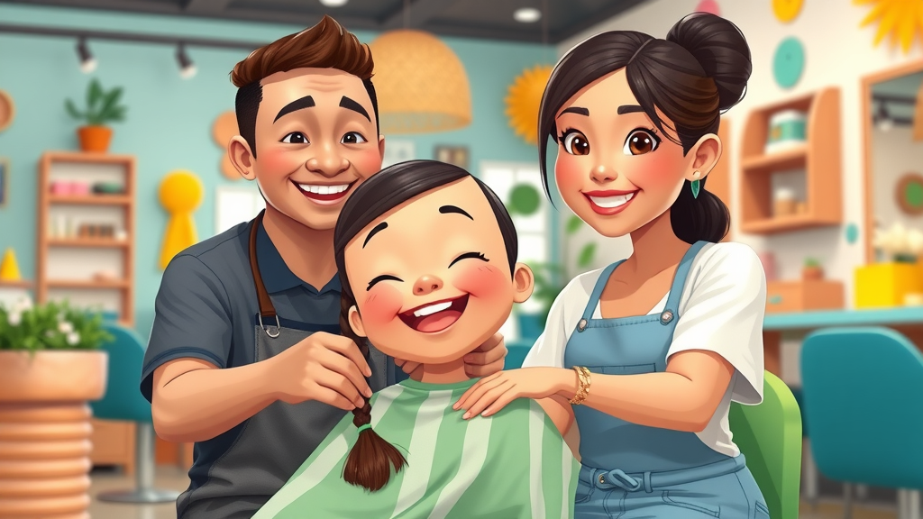 Happy Filipino family in a modern salon, child getting friendly hair braids, professional stylist with gentle expression, salon filled with colorful décor and playful elements, cheerful vibe, vivid colors