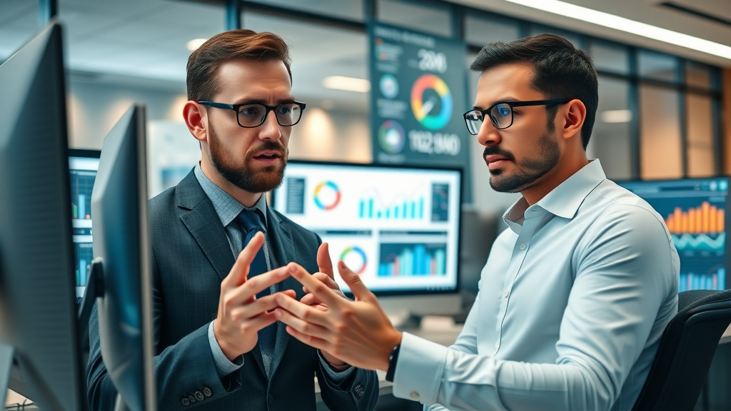 digital marketing for small businesses dynamic infographic business owners analyzing data modern office computer monitors charts floating graphs vibrant colors