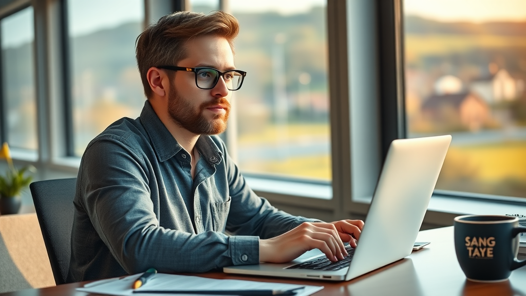 Confident marketing professional typing press release with Monmouthshire view