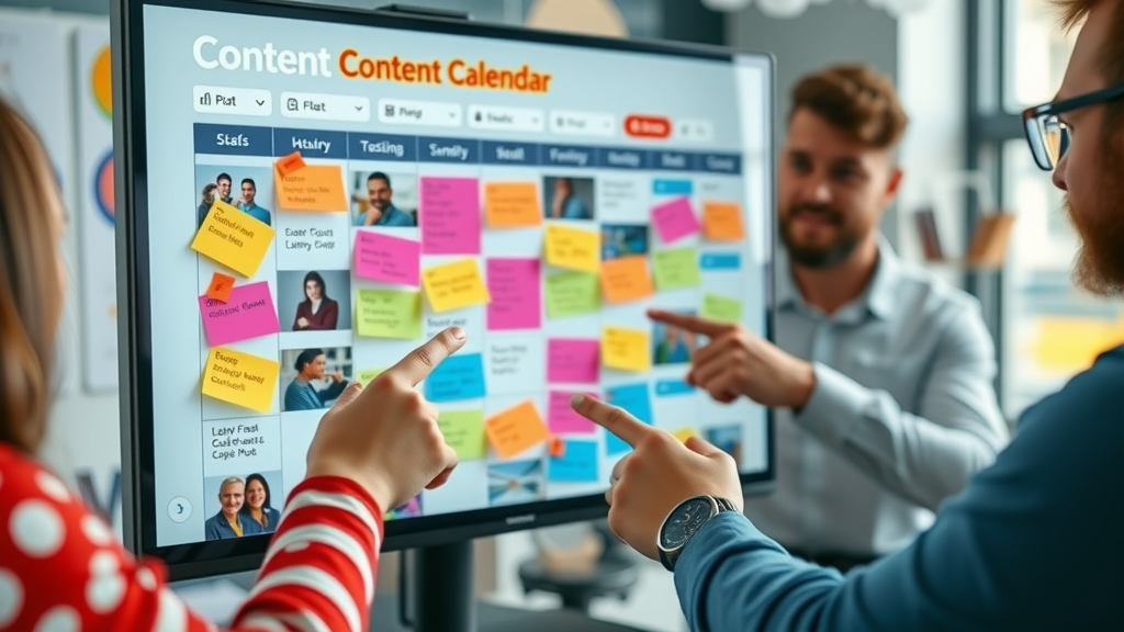 Vibrant content calendar on marketing team’s screen highlighting scheduled social media content types