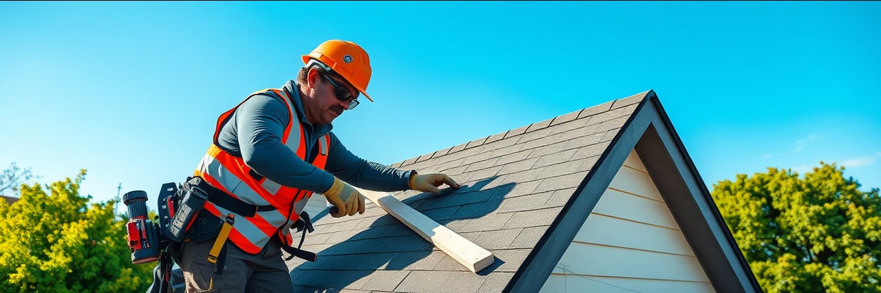 Professional roofer applying shingles on house roof in daylight, roofing in progress