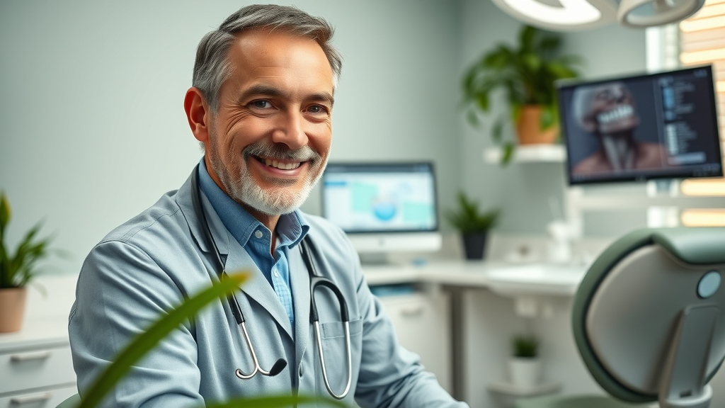 Friendly dentist consults patient in modern, inviting dental clinic setting.