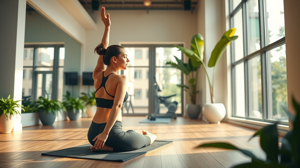 Woman enjoys peaceful solo workout in upscale women only gym sanctuary.