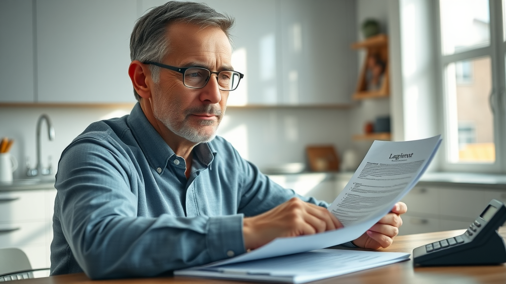 Man reviews financial planning documents after divorce for independence