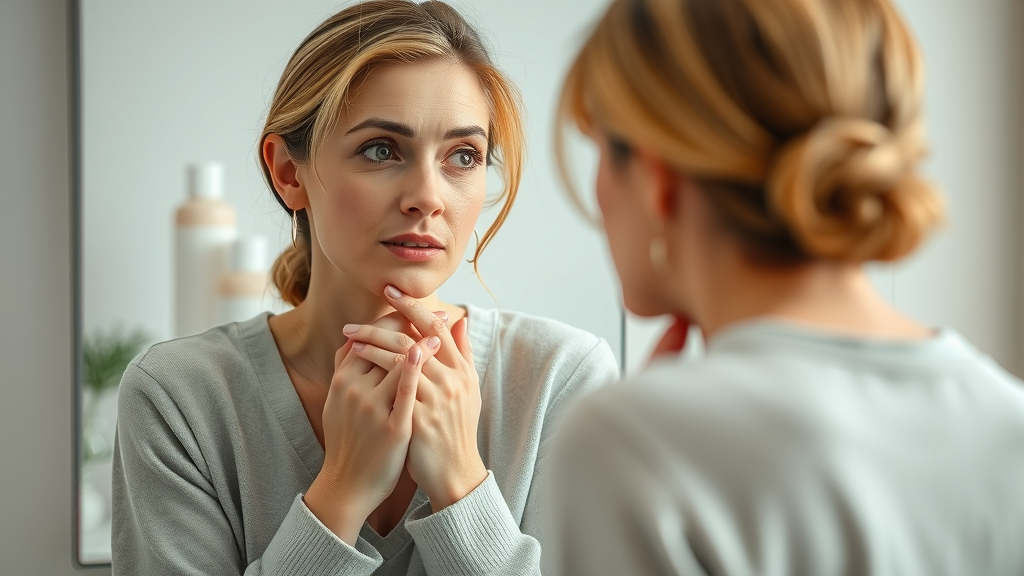 woman examining herself for signs of hormone imbalance in natural endocrine support context