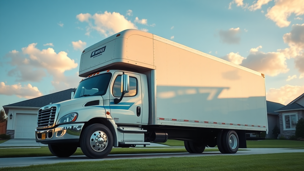 new moving truck local moving company parked suburban driveway golden hour moving day