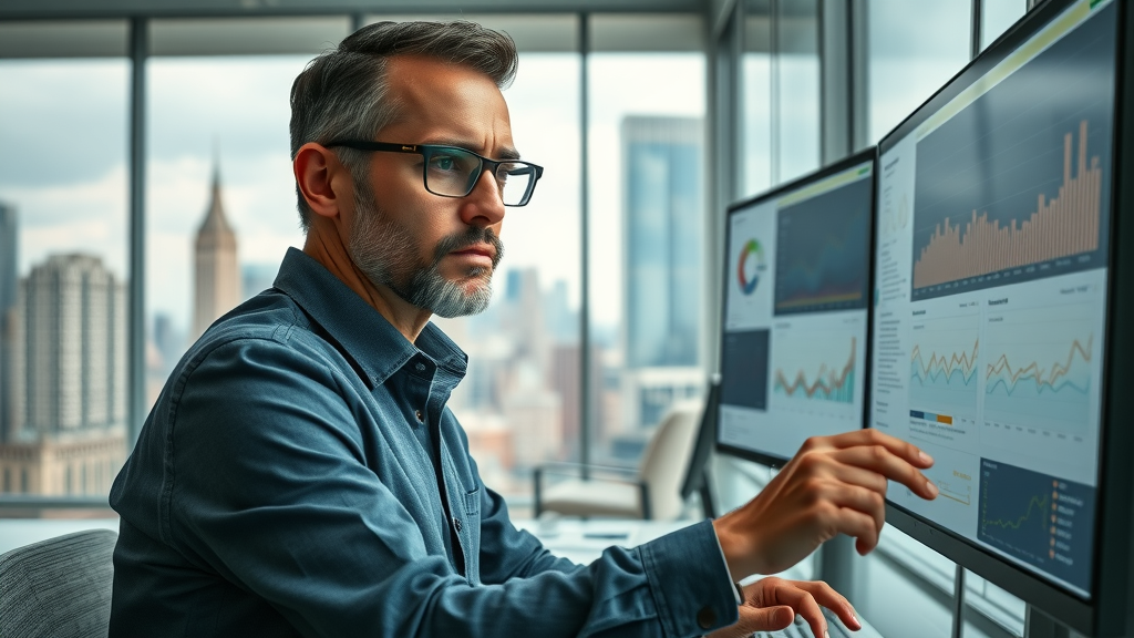 Analytical nonprofit manager reviewing KPI dashboards on large monitors to measure digital strategy performance in a modern office.