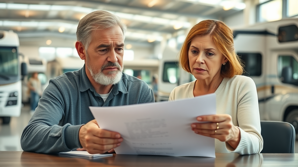 Thoughtful couple reviewing RV purchase documents understanding rv wheeler fair pricing