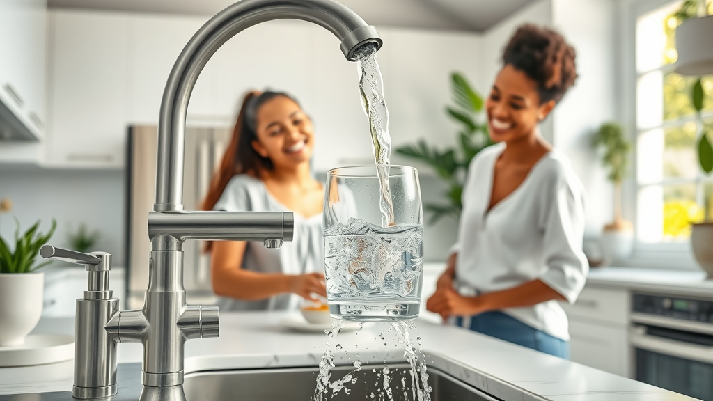 Family enjoying fresh water from modern filtration system in sunlit kitchen