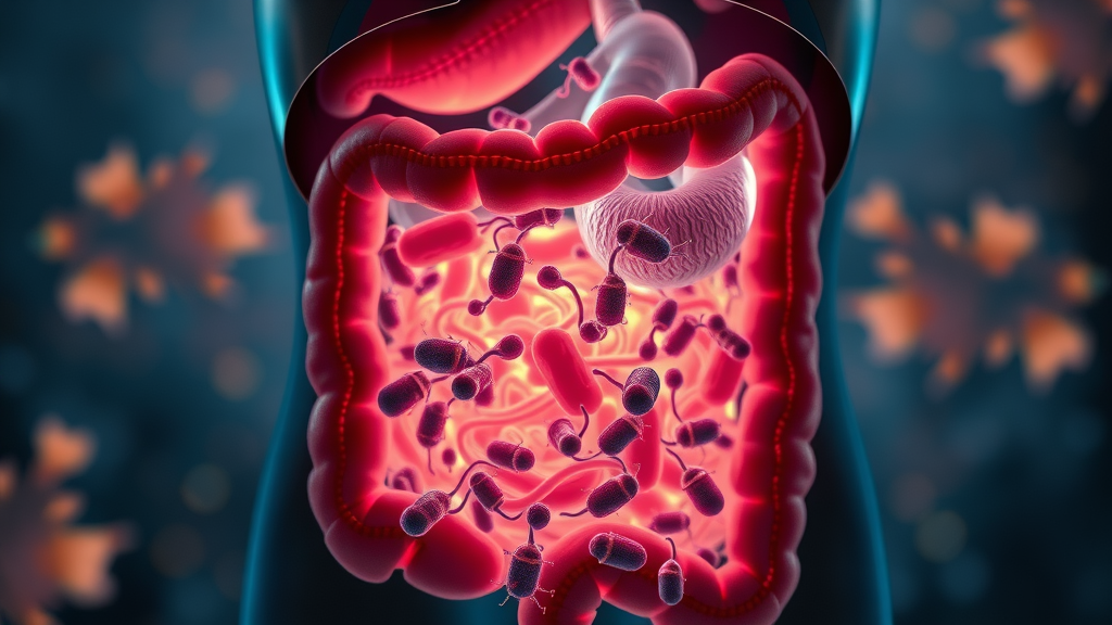 vivid human gut illustration showing harmonious microbiome activity, swirling bacteria in a glowing gut, microbiome