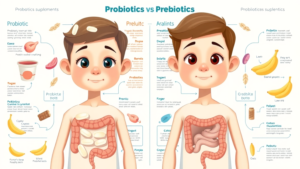 comparison chart of probiotics (yogurt) vs prebiotics (bananas, oats), building blocks of the microbiome