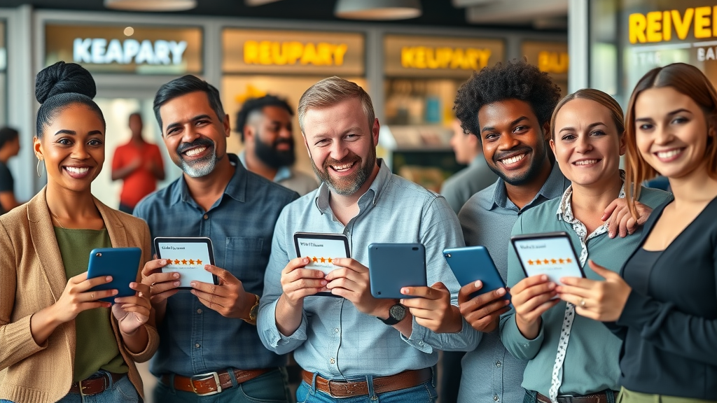 business reviews - diverse small business owners displaying customer review stars, lively business storefronts background