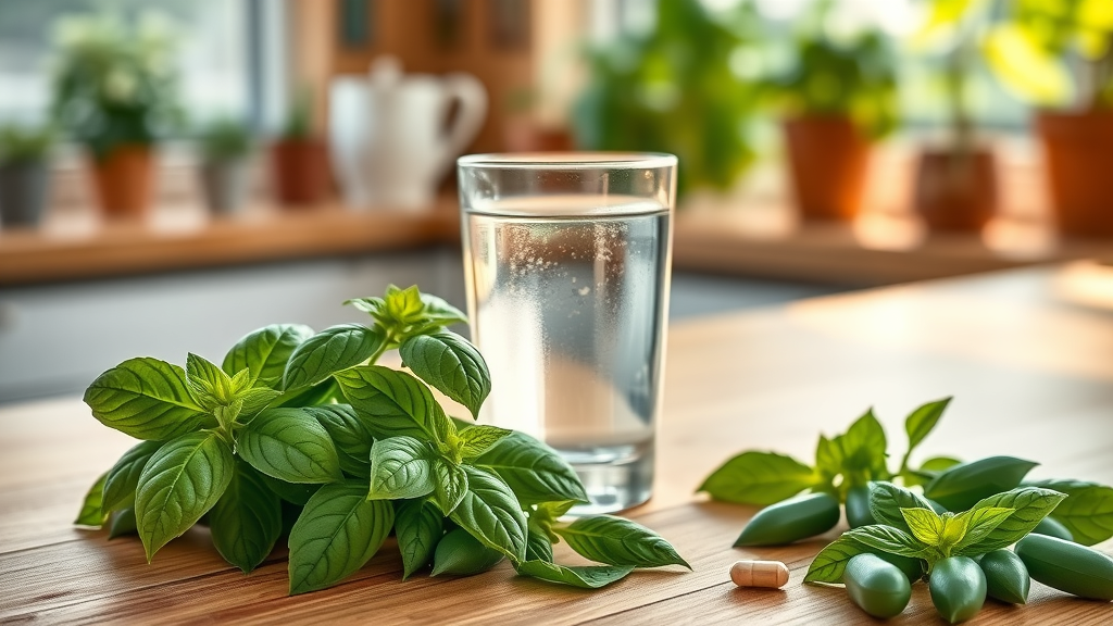 Holy basil herbal supplement, fresh leaves and capsules - balance hormone - hormone health
