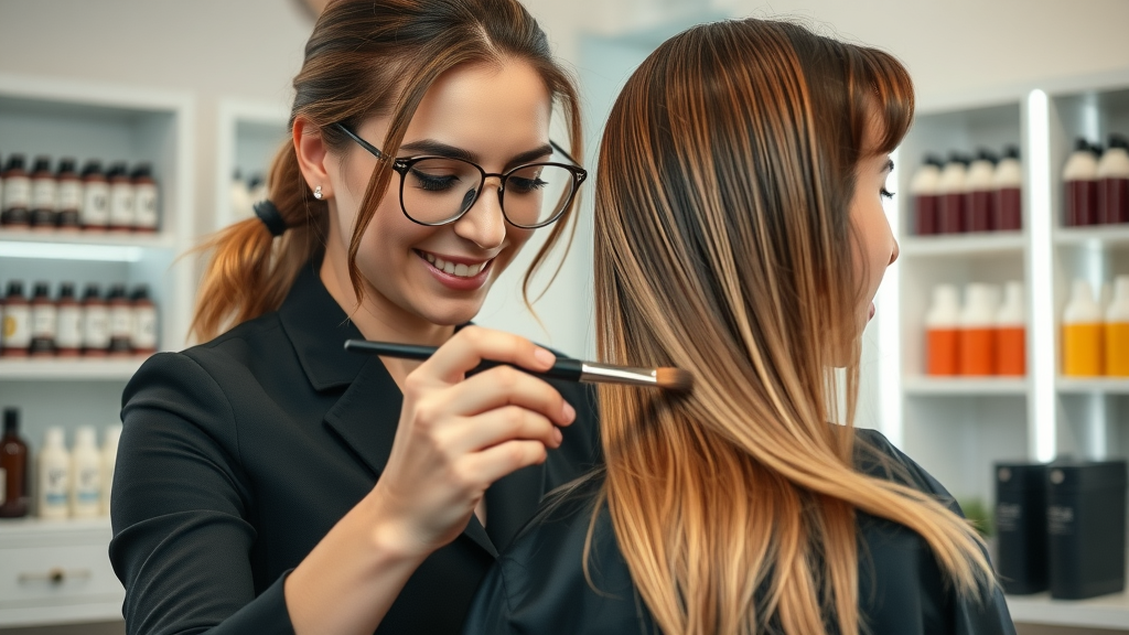Hair stylist hand-painting balayage highlights in a modern salon