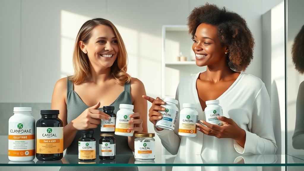 gluten and dairy free supplement bottles for hormone balance, diverse women