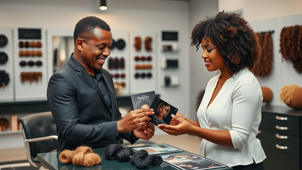 Consultation for non-surgical hair replacement for mens of color. Black man reviews hair system samples matched to his natural curls.