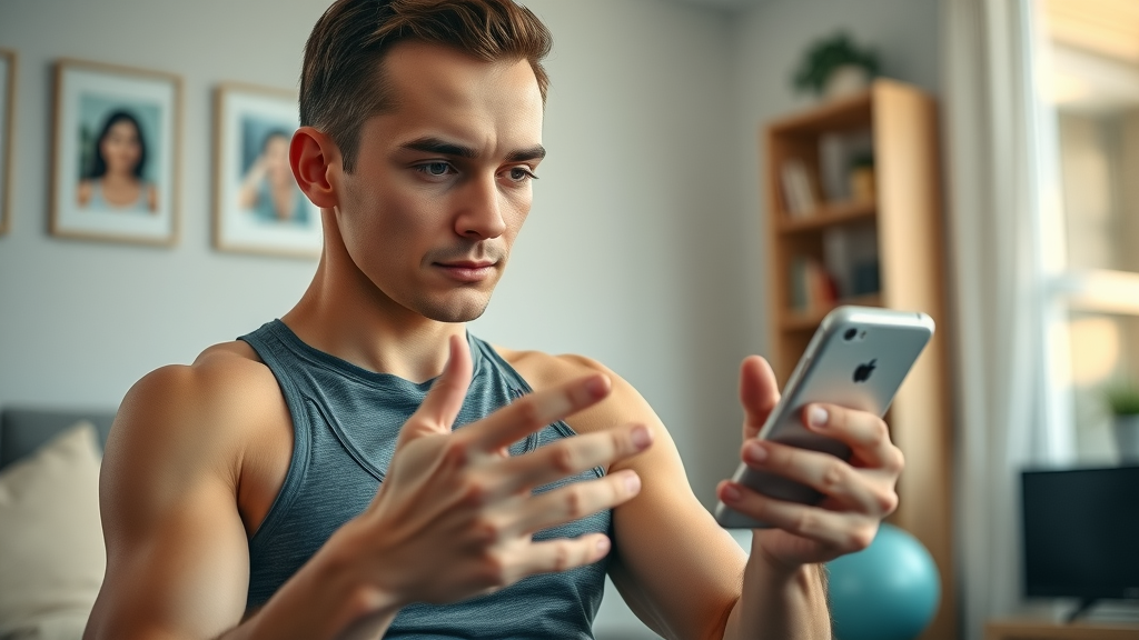 fitness and exercise, determined beginner exerciser following a fitness app guide in a cozy home setting