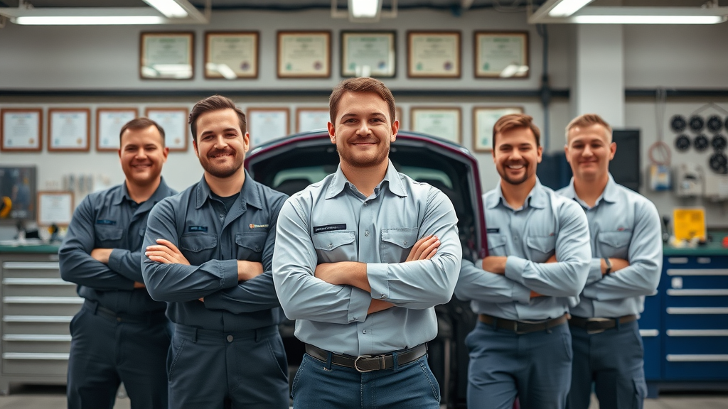 ase certified mechanics in irving tx confident in modern auto repair facility with diagnostic equipment