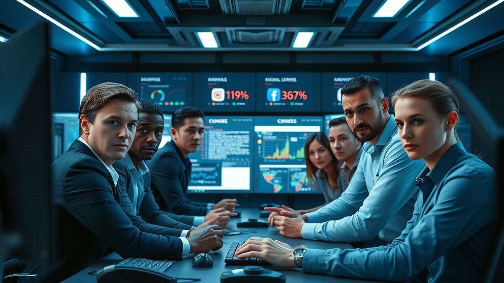 business team in digital war room managing crisis with reputation monitoring tools