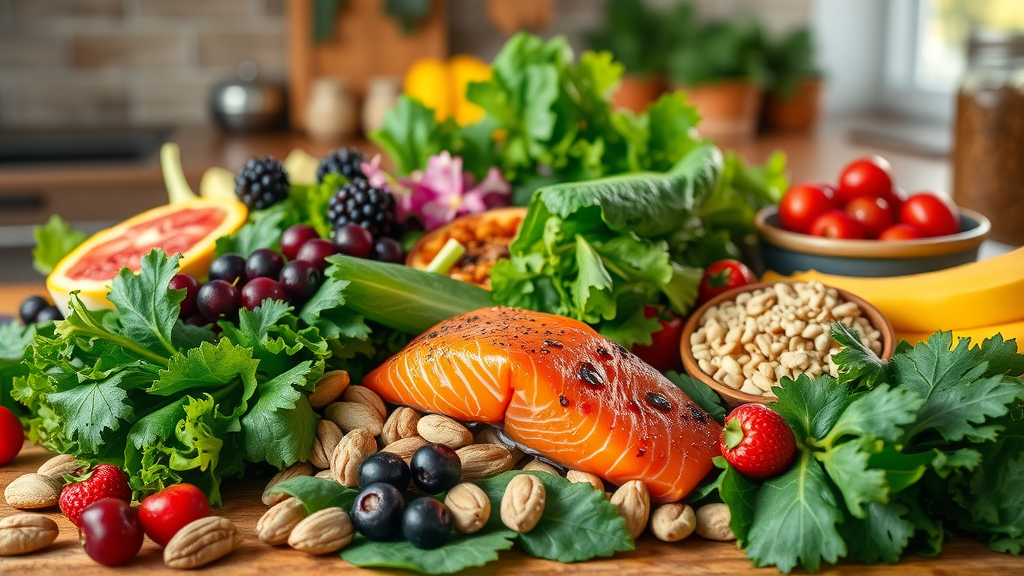 Balanced diet and natural hormone regulation - leafy greens, nuts, and berries on table