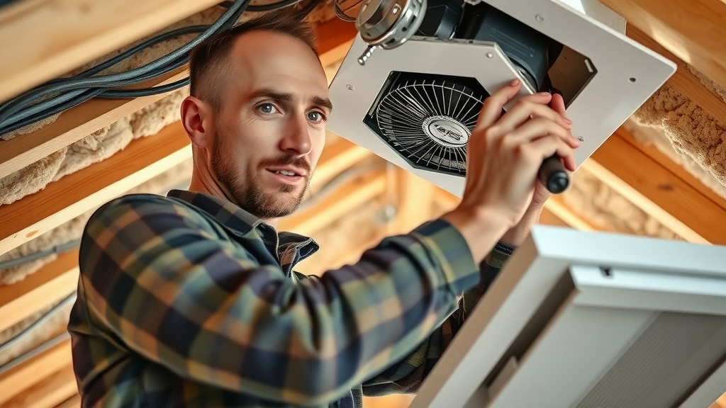 Professional technician installing a whole house fan Orange County attic, careful with tools and ventilation for safety