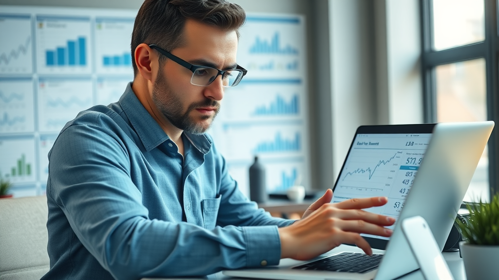 Professional financial analyst reviewing bank database charts beside RV pricing sheets in a modern workspace