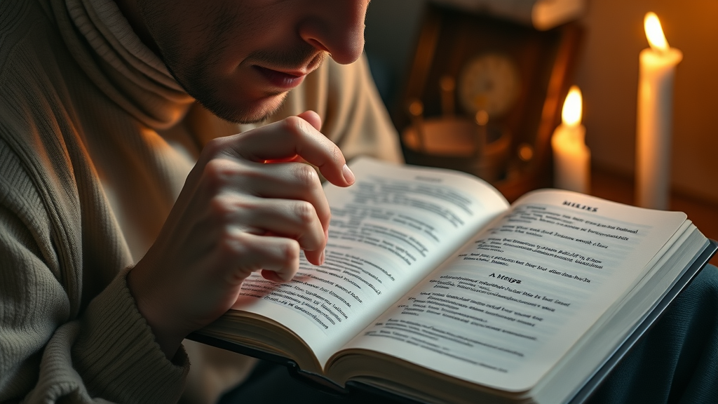 Reflective individual praying with an open Bible, scripture study for personal Pentecost
