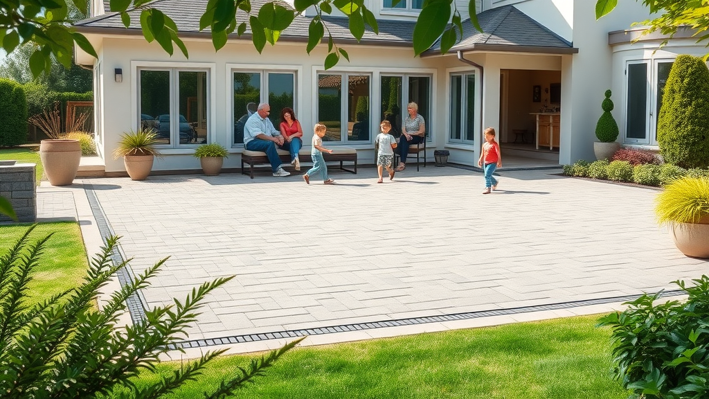 Modern backyard with durable, level paver patio for family gatherings