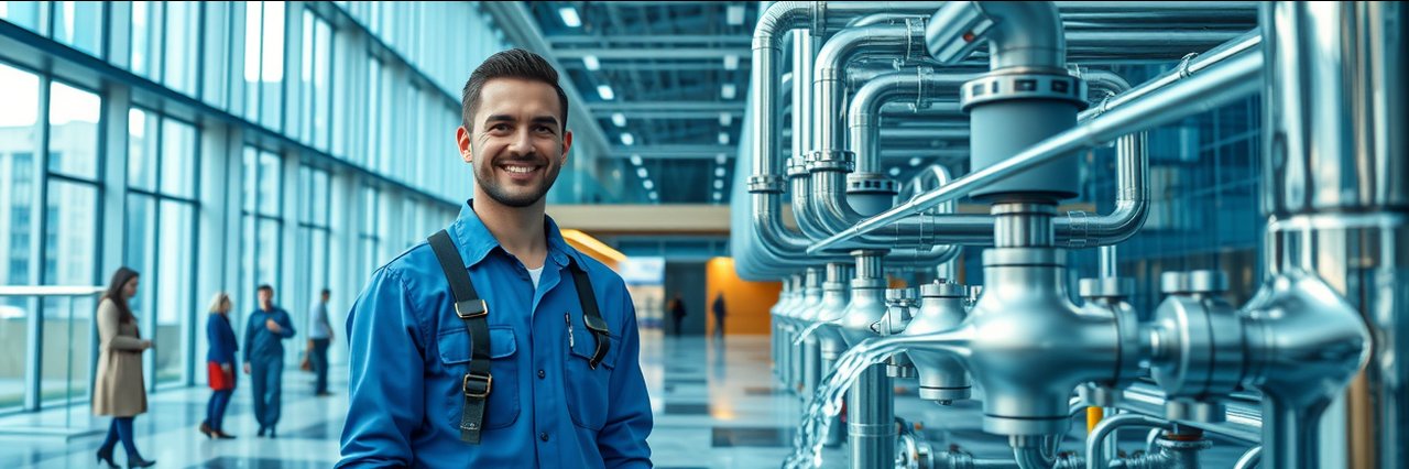 Commercial Plumbing Solutions expert inspecting high-rise office pipes, photorealistic.