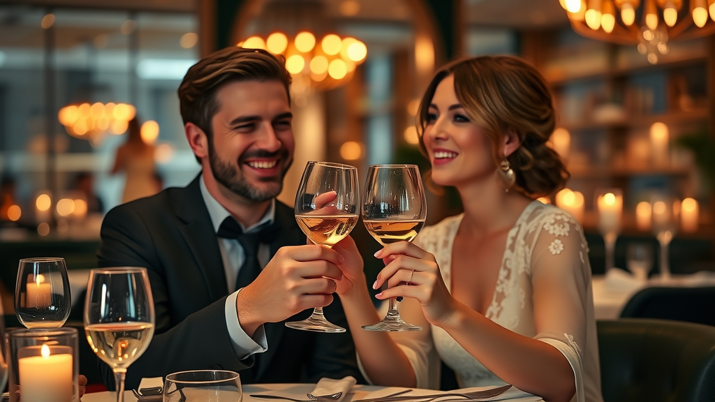 Special occasion restaurant in Irving Texas elegant couple toasting wine